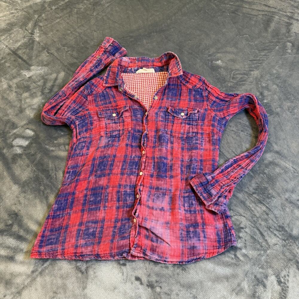 Lovestitch Bleached Plaid Flannel Shirt M Distressed Double Cloth Boho Western